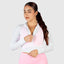 White gym jacket with mesh holes and a hoodie for women. Shop exercise clothes for women on our website.