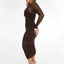 Espresso Mesh Ruched Midi Dress w/ Bra Detail I MESH Dress with Bottom I See through Dress